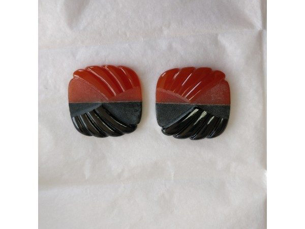 Natural Red And Black Onyx Gemstone Cushion Shape Hand Polished Carving Flat Pair Stone For Earrings
