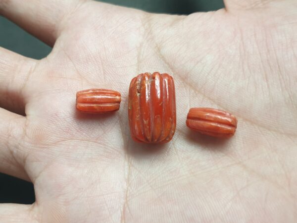 Natural Italian Coral Gemstone Melon Carving Barrel Shape Loose Stone 3 Pieces Set For Jewelry